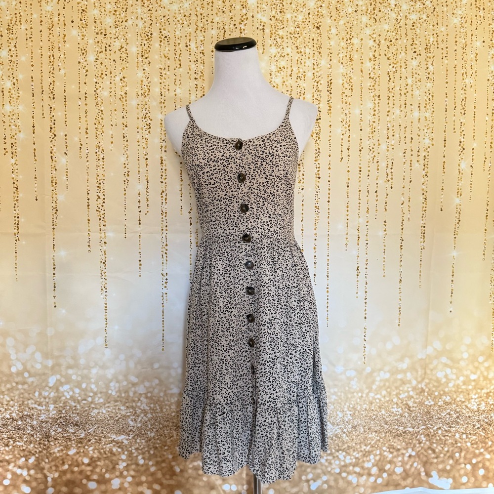 Japna Black and Tan Leopard Print Button Down Midi Dress